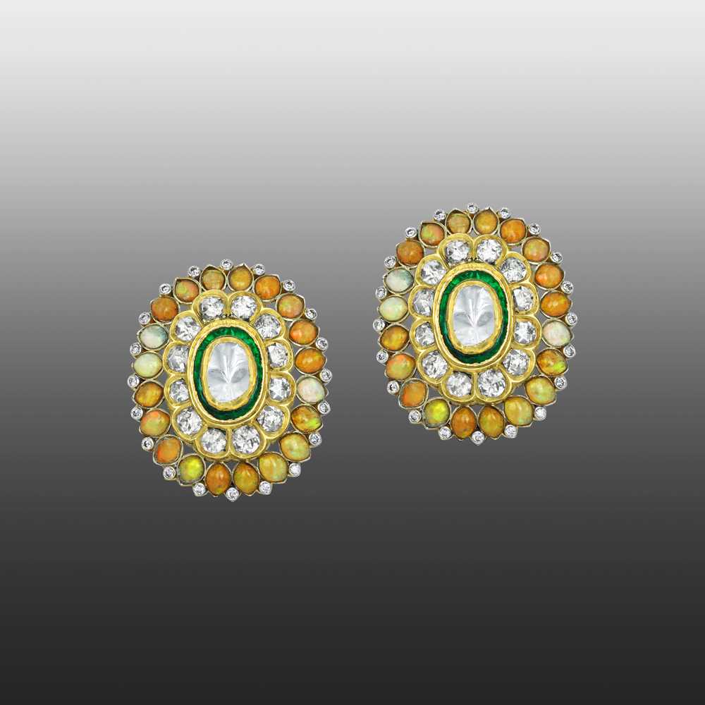 Polki Diamond Studs with Green Enamel and Opal Gemstone Halos